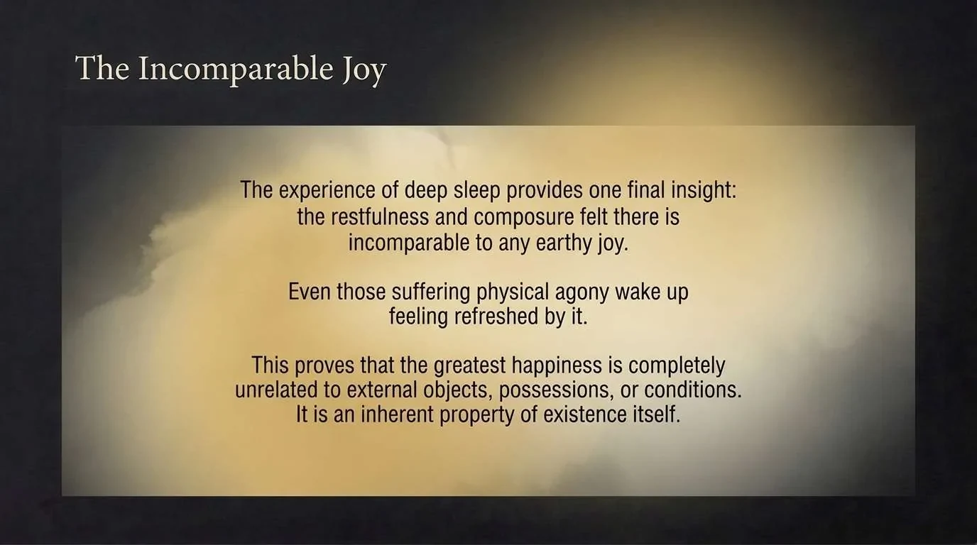 A gold and cream cloud filling the frame, with text about the restfulness of deep sleep being incomparable to any earthly joy