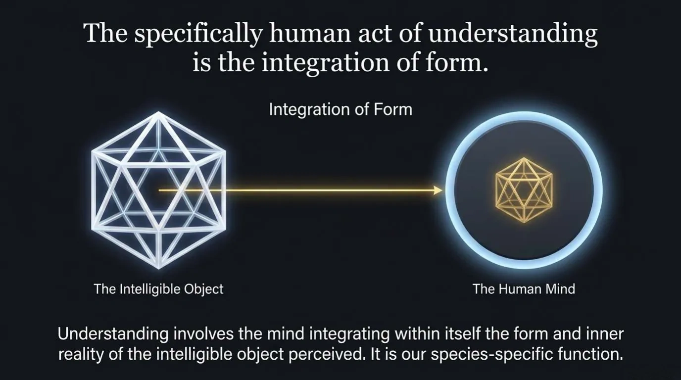 A glowing icosahedron labelled The Intelligible Object, with a gold arrow running to a circle labelled The Human Mind, inside which a smaller gold copy of the same icosahedron sits