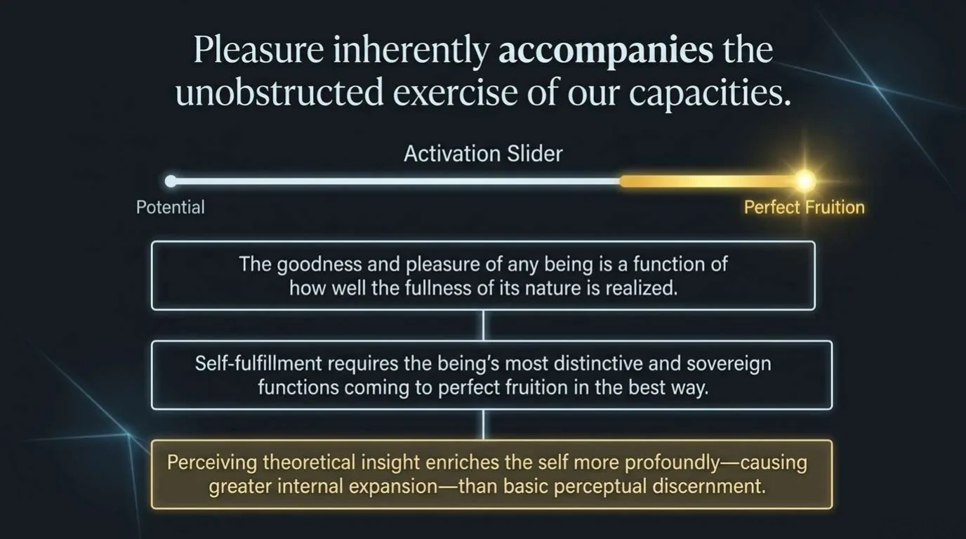A slider running from Potential at the left to Perfect Fruition at the right, with the gold end glowing, above three stacked statements about pleasure and the full use of a being's nature
