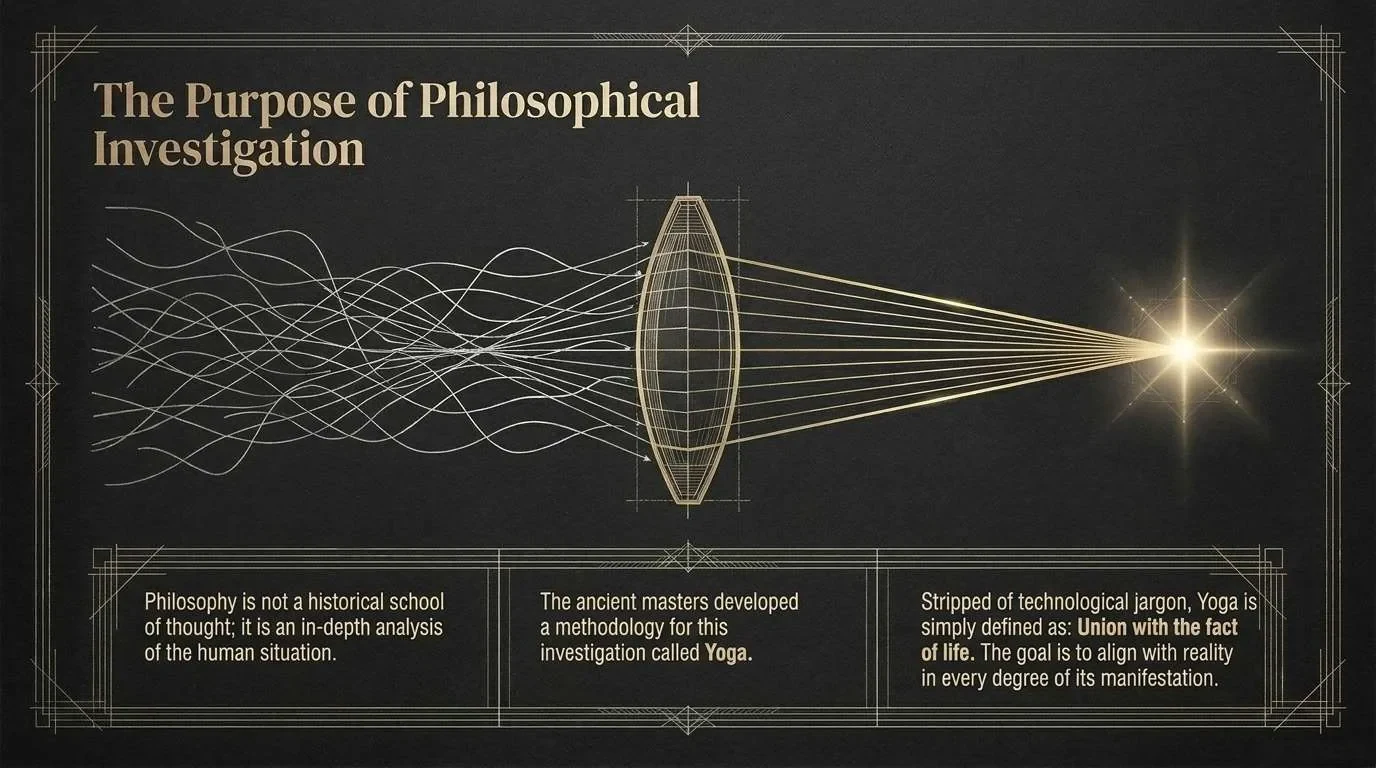 Many tangled wavy lines enter a lens from the left and are gathered into one bright point of light on the right