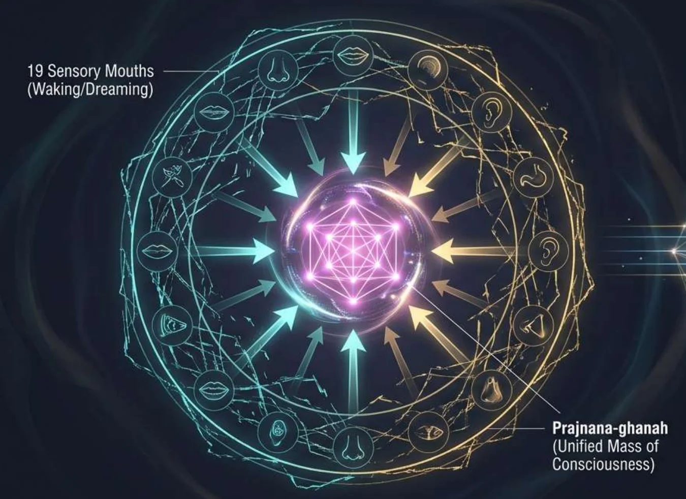 A ring of nineteen small sense and action icons, in cool blue-green on the left half and gold on the right, each with an arrow pointing inward to a glowing lattice at the centre labelled Prajnana-ghanah, unified mass of consciousness