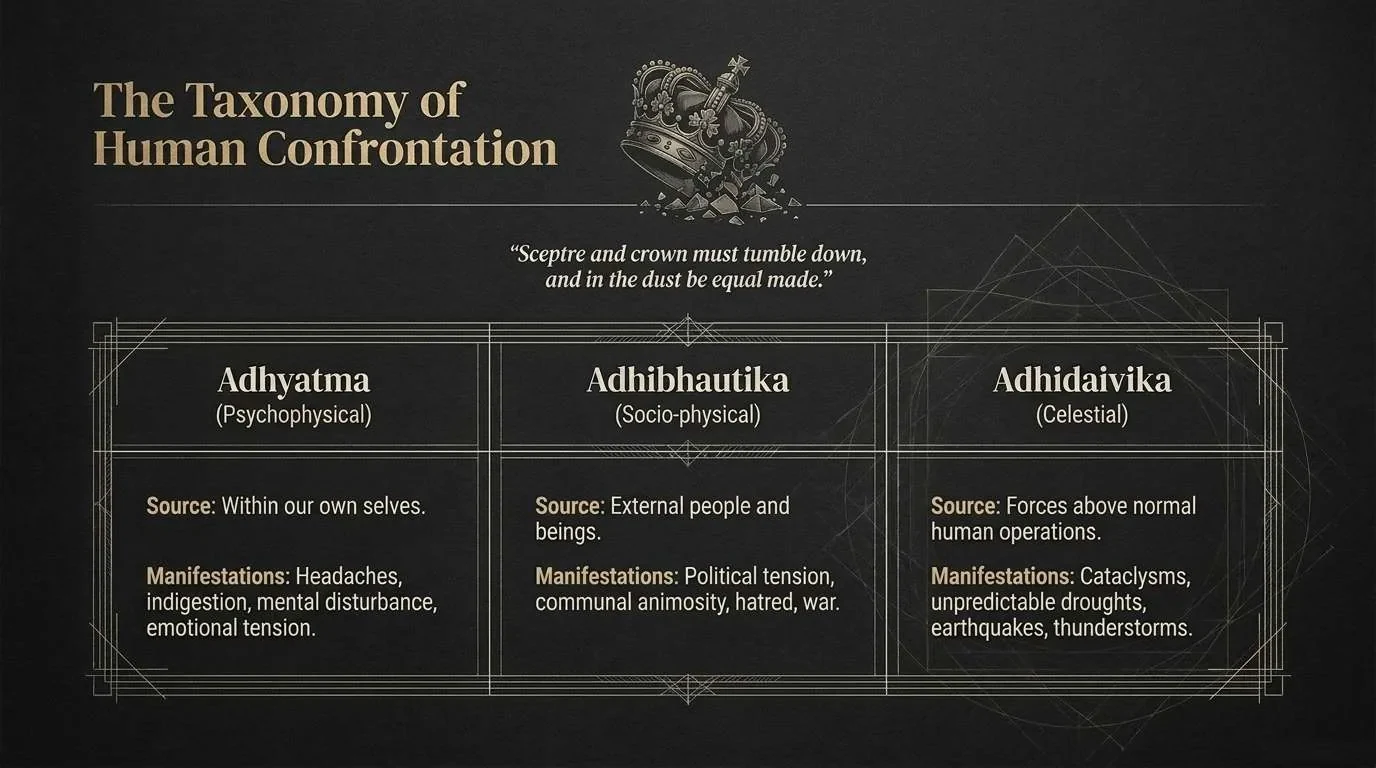 Table with three columns: Adhyatma (psychophysical), Adhibhautika (socio-physical) and Adhidaivika (celestial), each with a source and examples, under a toppled crown