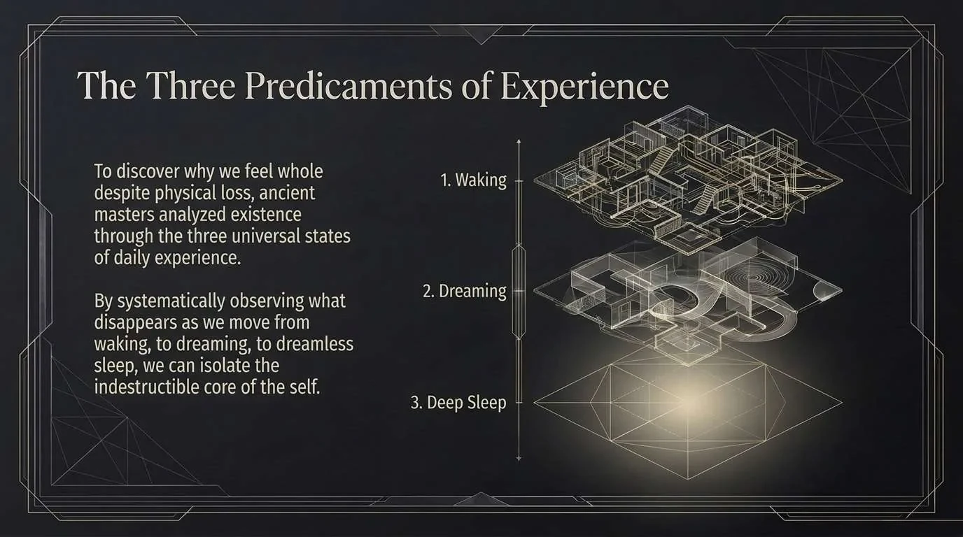 Three stacked floor plans: a dense, detailed Waking plan on top, a fainter Dreaming plan in the middle, and a plain glowing Deep Sleep form at the bottom