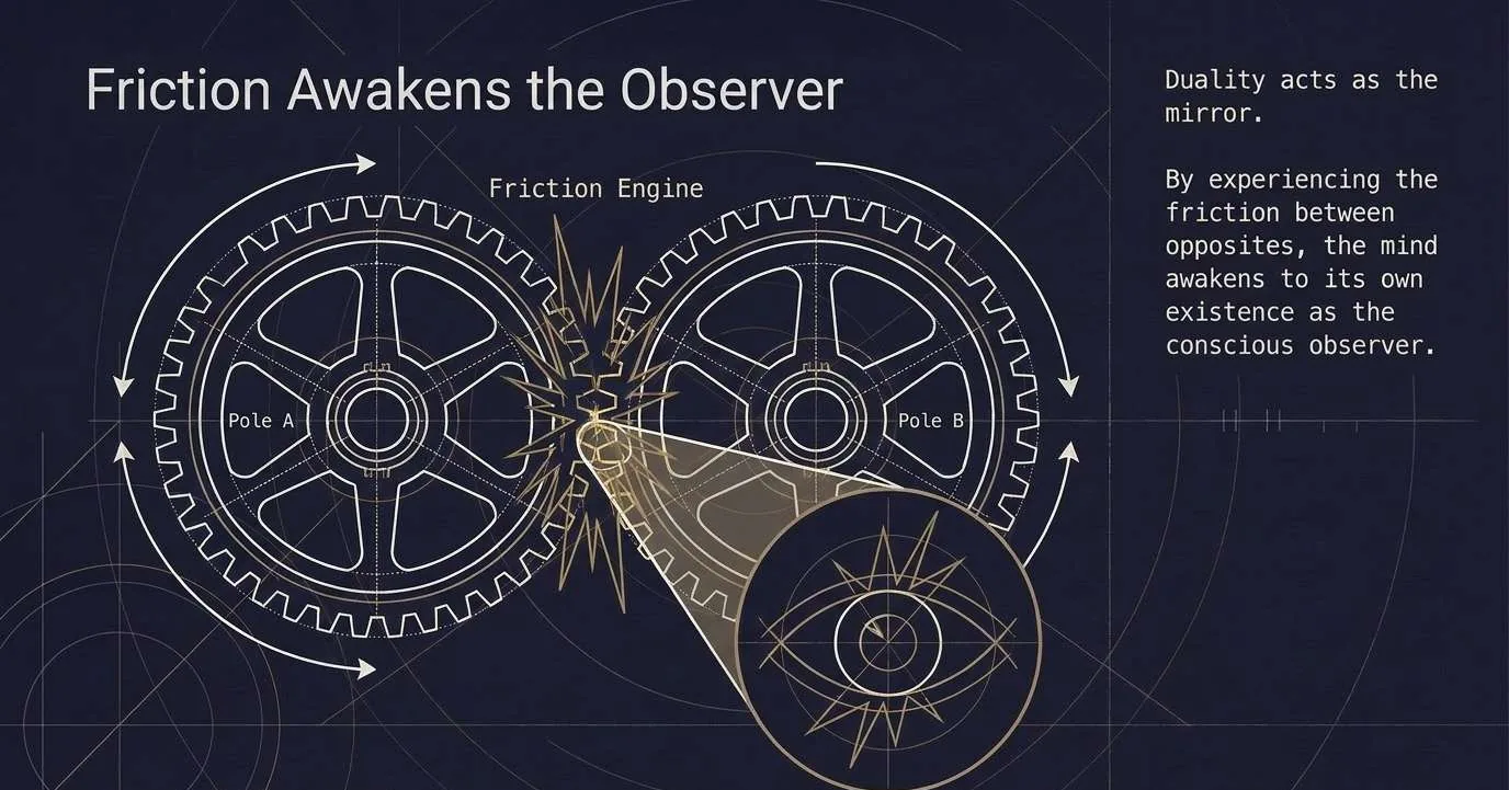 Two meshing gears, Pole A and Pole B, throw sparks where their teeth meet, and a magnified eye opens at the point of friction
