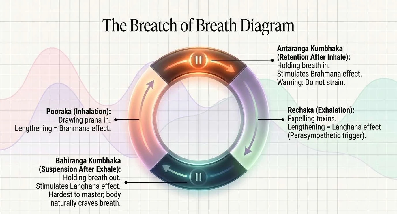 A ring divided into four coloured arcs with arrows running clockwise. Top, a glowing orange arc with a pause symbol: retention after the inhale, a Brahmana effect, with the warning not to strain. Right, a pale lilac arc: the exhalation, expelling toxins, where lengthening gives a Langhana effect and a parasympathetic trigger. Bottom, a dark teal arc with a pause symbol: suspension after the exhale, a Langhana effect and the hardest to master because the body craves breath. Left, a peach arc: the inhalation, where lengthening gives a Brahmana effect.