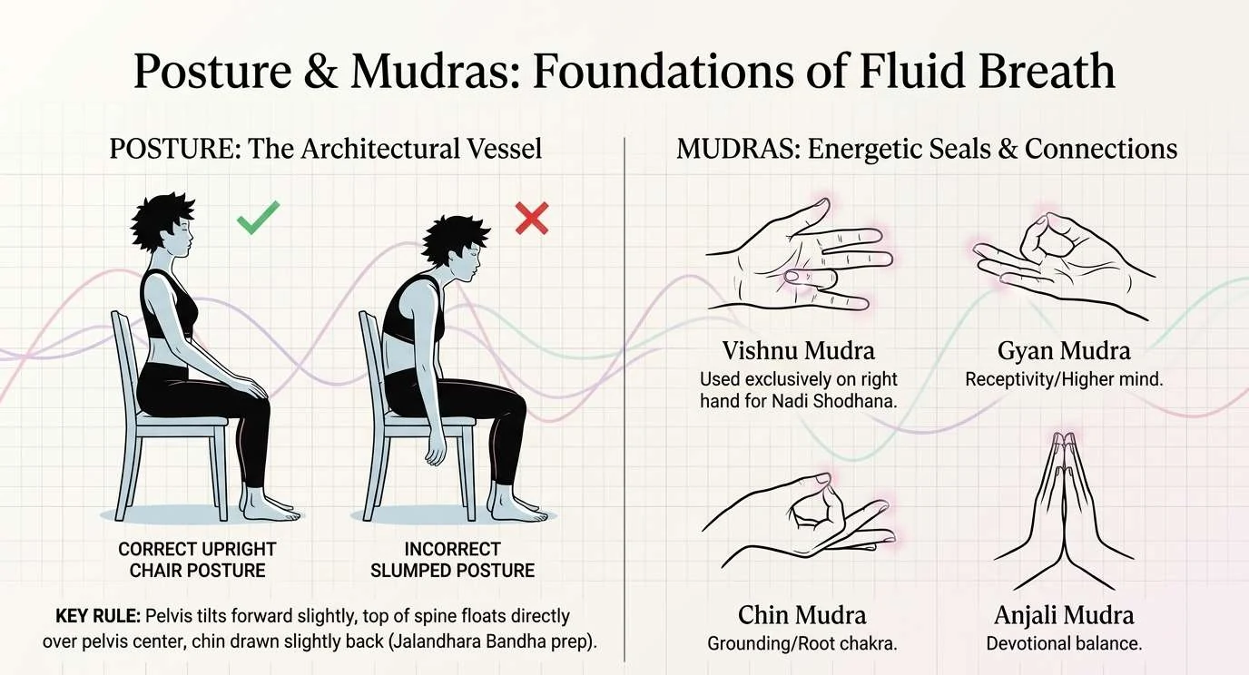 Left, two figures on chairs. A tick marks the upright posture with the spine stacked and chin slightly back; a cross marks the slumped posture. The key rule beneath: the pelvis tilts slightly forward, the top of the spine floats directly over the centre of the pelvis, and the chin is drawn slightly back. Right, four hand seals: Vishnu Mudra, used only on the right hand for Nadi Shodhana; Gyan Mudra for receptivity; Chin Mudra for grounding; and Anjali Mudra, palms together, for devotional balance.
