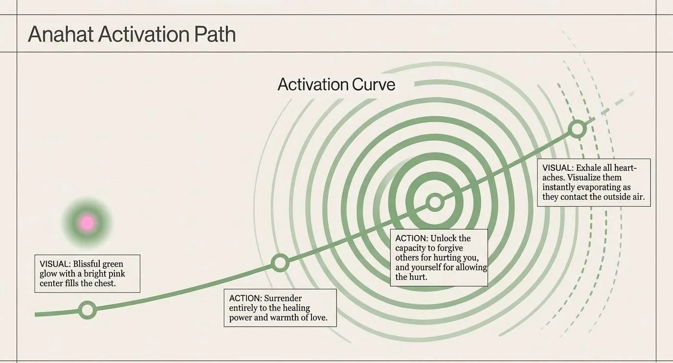 A curve rising through four stages, each marked with ripples of green. Visual: a blissful green glow with a bright pink centre fills the chest. Action: surrender entirely to the healing power and warmth of love. Action: unlock the capacity to forgive others for hurting you, and yourself for allowing the hurt. Visual: exhale all heartaches and picture them evaporating as they touch the outside air.
