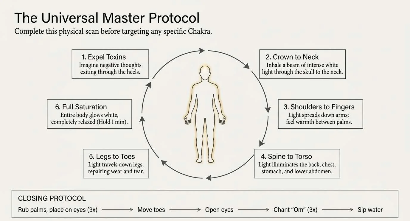 A circular six-step diagram titled The Universal Master Protocol. 1, expel toxins: imagine negative thoughts exiting through the heels. 2, crown to neck: inhale a beam of intense white light through the skull to the neck. 3, shoulders to fingers: light spreads down the arms and warmth gathers between the palms. 4, spine to torso: light illuminates the back, chest, stomach and lower abdomen. 5, legs to toes: light travels down the legs, repairing wear and tear. 6, full saturation: the entire body glows white, completely relaxed, held for one minute. A closing protocol runs: rub the palms and place them on the eyes three times, move the toes, open the eyes, chant Om three times, sip water.