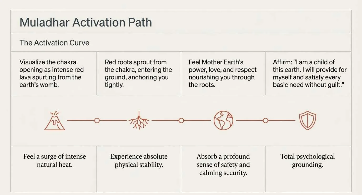 A four-stage sequence for the root centre. Visualise the chakra opening as intense red lava spurting from the earth&rsquo;s womb, and feel a surge of natural heat. Red roots sprout from it into the ground, anchoring you, for physical stability. Feel the earth&rsquo;s power, love and respect nourishing you through the roots, for a sense of safety. Affirm: I am a child of this earth. I will provide for myself and satisfy every basic need without guilt. The aim is psychological grounding.