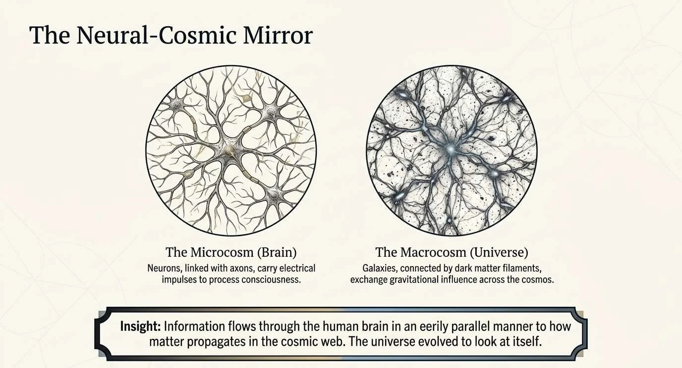 Two circles side by side. Left, the microcosm: neurons linked by axons that carry electrical impulses. Right, the macrocosm: galaxies joined by dark matter filaments. The two networks look alike, with a bright node at the centre of each