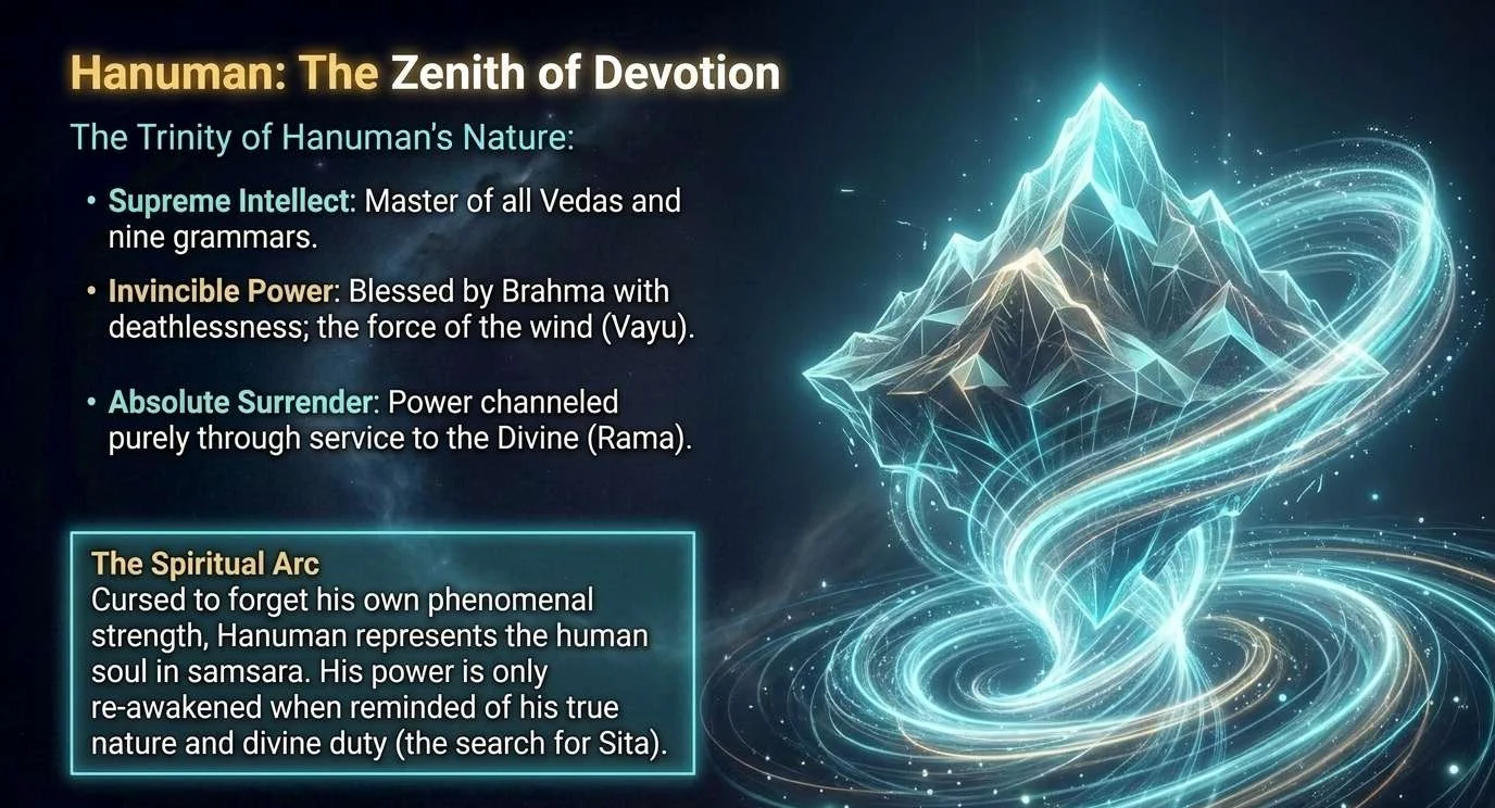 A crystalline mountain hovering above a glowing vortex of cyan and gold light. Text on the left: Hanuman, the Zenith of Devotion. The Trinity of his Nature: supreme intellect, master of all the Vedas and nine grammars; invincible power, blessed by Brahma with deathlessness and the force of the wind god Vayu; absolute surrender, power channelled purely through service to the Divine, Rama. The Spiritual Arc: cursed to forget his own phenomenal strength, he represents the human soul in samsara, and his power re-awakens only when he is reminded of his true nature and divine duty, the search for Sita.
