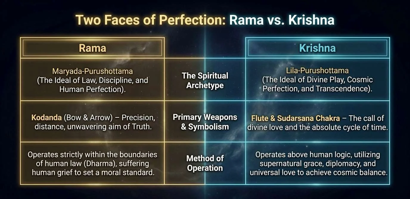 A two-column comparison on a dark background, gold for Rama and cyan for Krishna. Spiritual archetype: Rama is Maryada-Purushottama, the ideal of law, discipline and human perfection; Krishna is Lila-Purushottama, the ideal of divine play, cosmic perfection and transcendence. Weapons and symbolism: Rama carries the Kodanda bow, precision and an unwavering aim at truth; Krishna carries the flute and the Sudarsana discus, the call of divine love and the cycle of time. Method: Rama operates strictly within the boundaries of dharma and suffers human grief to set a moral standard; Krishna operates above human logic through grace, diplomacy and universal love to achieve cosmic balance.