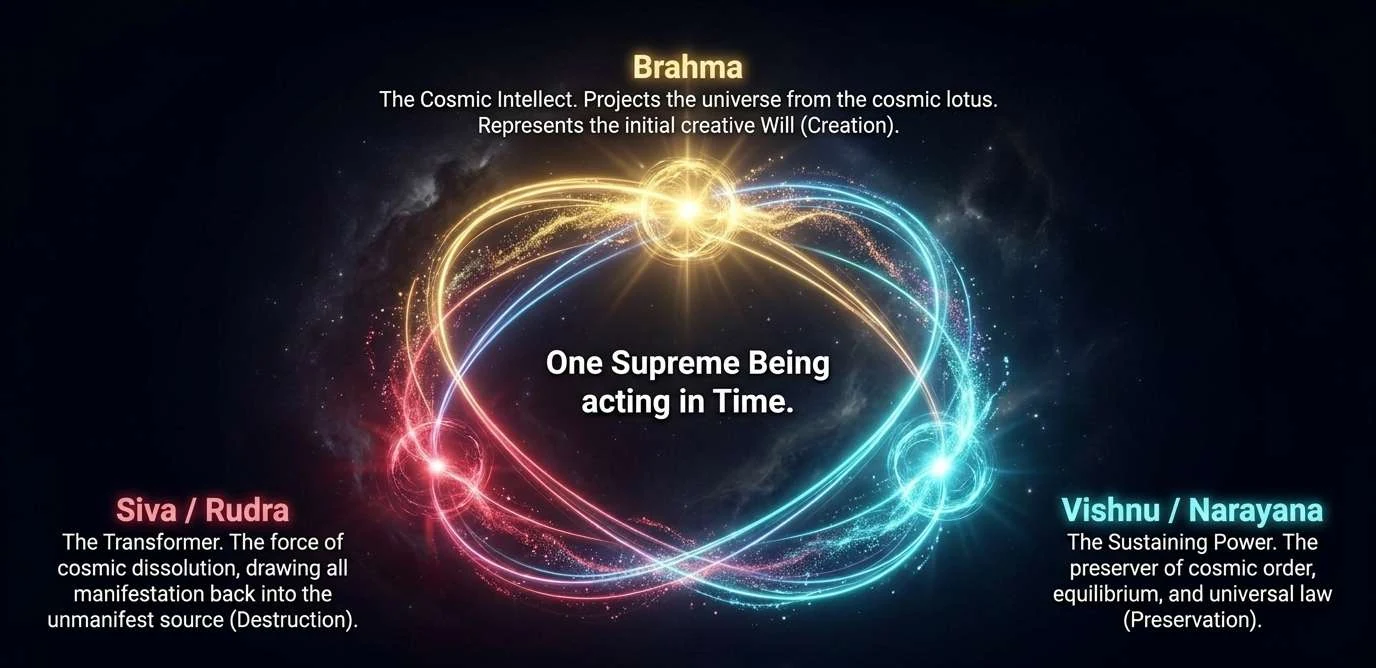 Three glowing orbits intertwined in a ring against a night sky. Gold at the top for Brahma, the cosmic intellect who projects the universe from the cosmic lotus and represents creative will. Red at the lower left for Siva or Rudra, the transformer, cosmic dissolution drawing all manifestation back into the unmanifest source. Cyan at the lower right for Vishnu or Narayana, the sustaining power that preserves cosmic order, equilibrium and universal law. In the centre: One Supreme Being acting in Time.