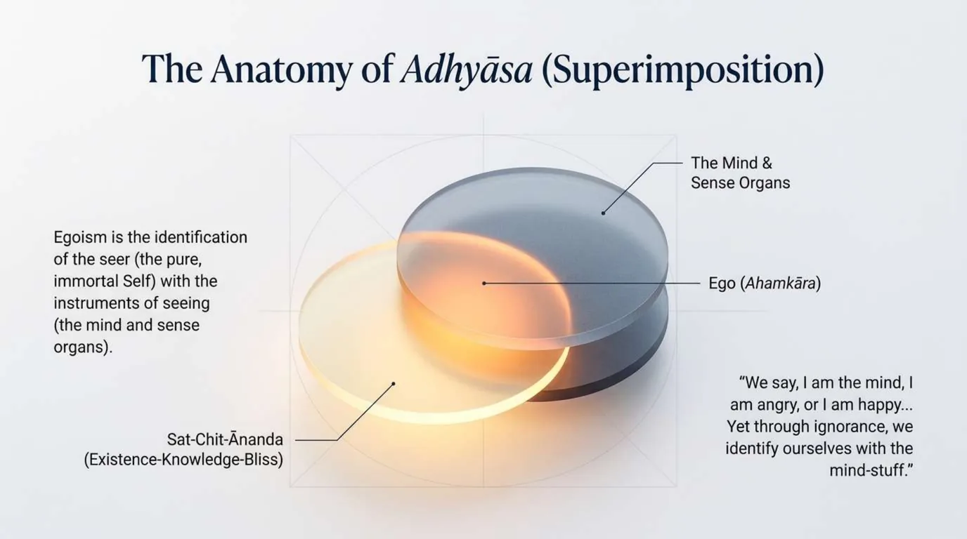 Two overlapping translucent discs, one gold labelled Sat-Chit-Ananda and one grey labelled the mind and sense organs, their overlap marked as ego