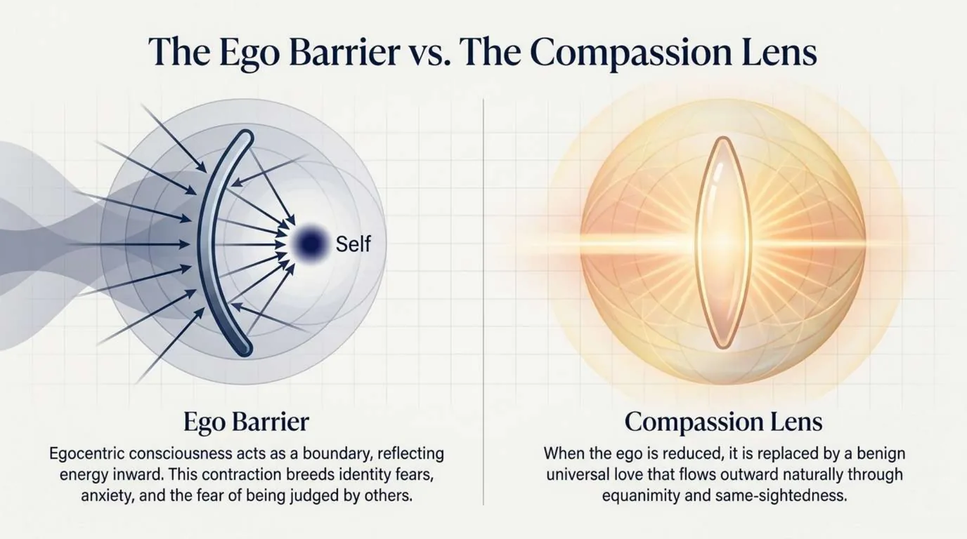 Two panels. Left: arrows striking a curved barrier and reflecting inward toward a small dark point labelled Self. Right: a glowing lens through which light passes outward