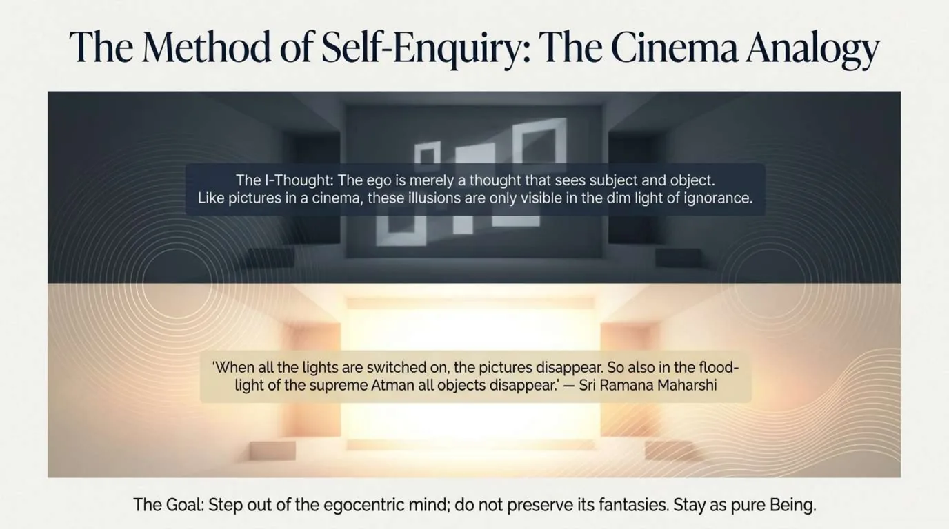 A dark cinema with pictures on the screen above, and the same hall flooded with light below, the pictures gone