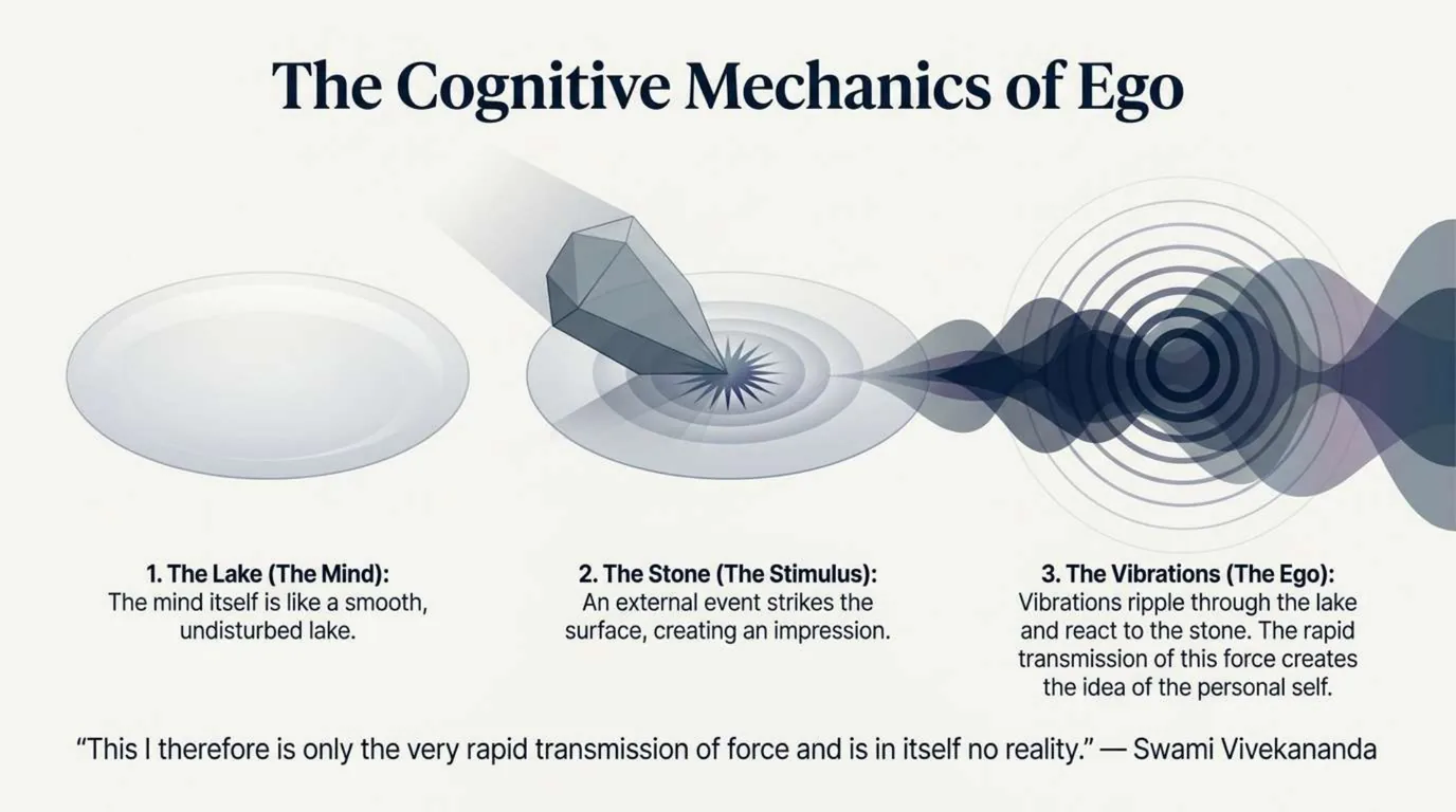 Three panels: a smooth lake, a stone striking its surface, and vibrations rippling outward from the impact
