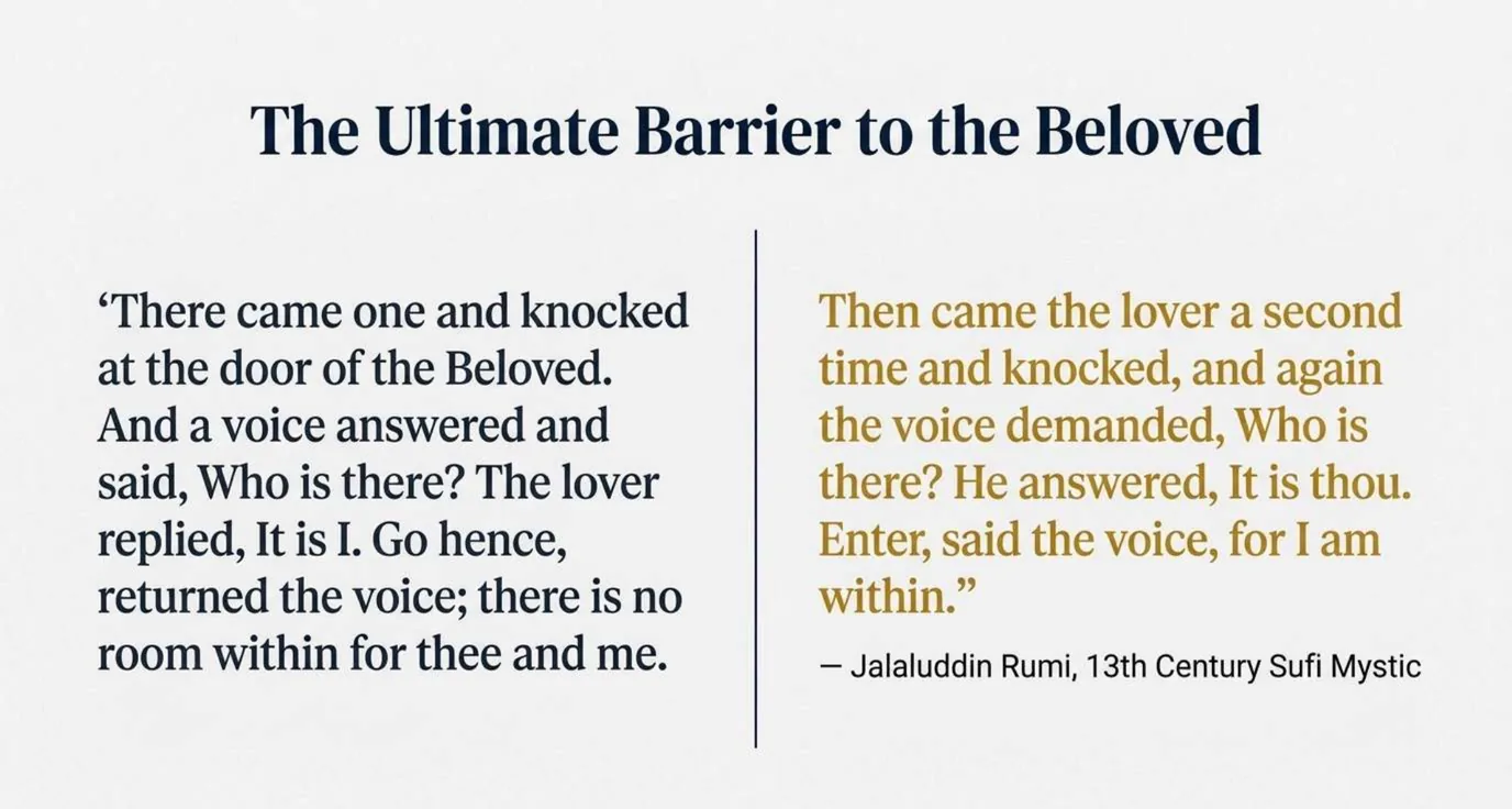 A text slide with Rumi&rsquo;s story of a lover knocking twice at the door of the Beloved, first answering &ldquo;It is I&rdquo; and then &ldquo;It is thou&rdquo;