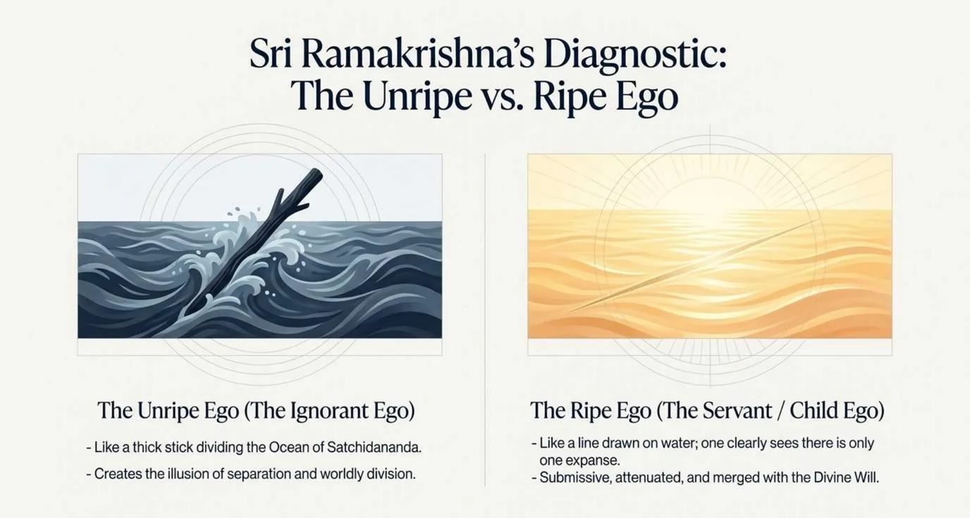 Two panels. Left: a thick stick lying across a stormy sea, waves breaking against it. Right: a faint line drawn across calm golden water, the water still one expanse