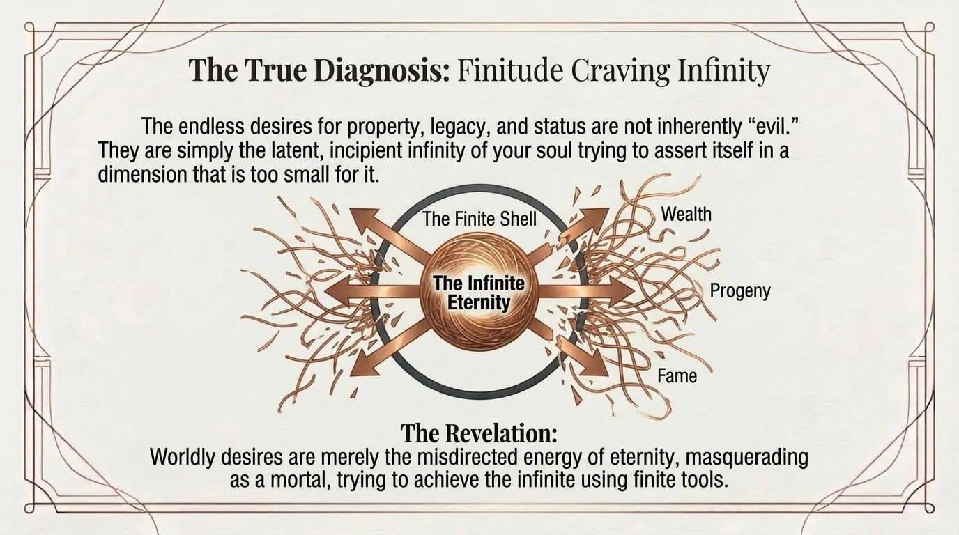 Diagram of a small finite ring holding a glowing sphere labelled The Infinite Eternity, with copper arrows and frayed threads pushing outward toward wealth, progeny and fame