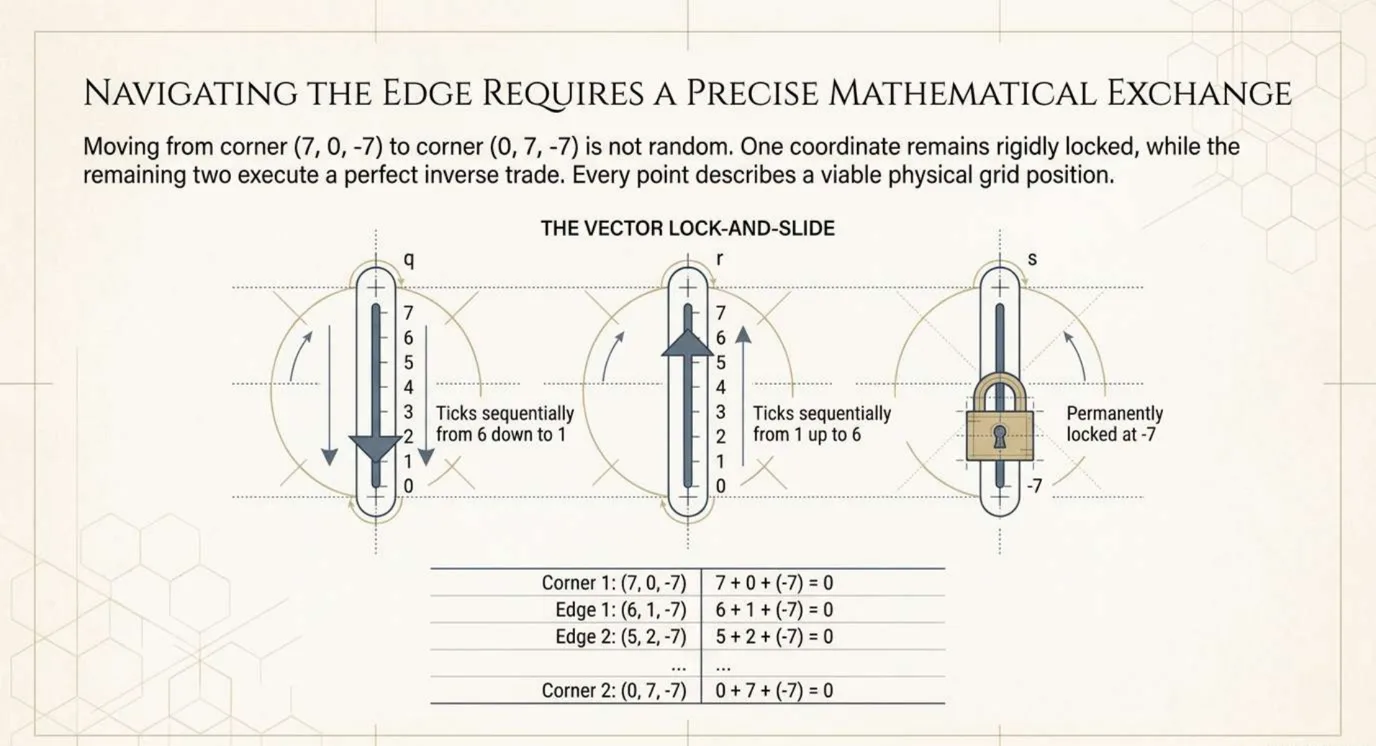 Three vertical sliders labelled q, r and s. The q slider ticks down from 6 to 1, the r slider ticks up from 1 to 6, and the s slider is held shut by a padlock at minus 7. A small table beneath lists the corner and edge coordinates, each adding to zero