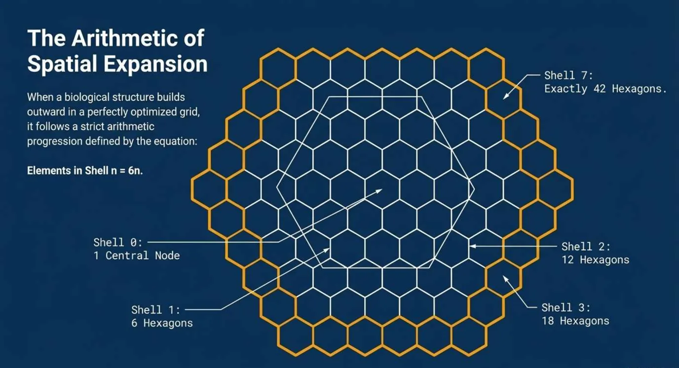 A hexagonal patch of tiles with the centre tile and shells 1, 2, 3 and 7 labelled with 1, 6, 12, 18 and 42 hexagons, the outer shell 7 drawn in gold