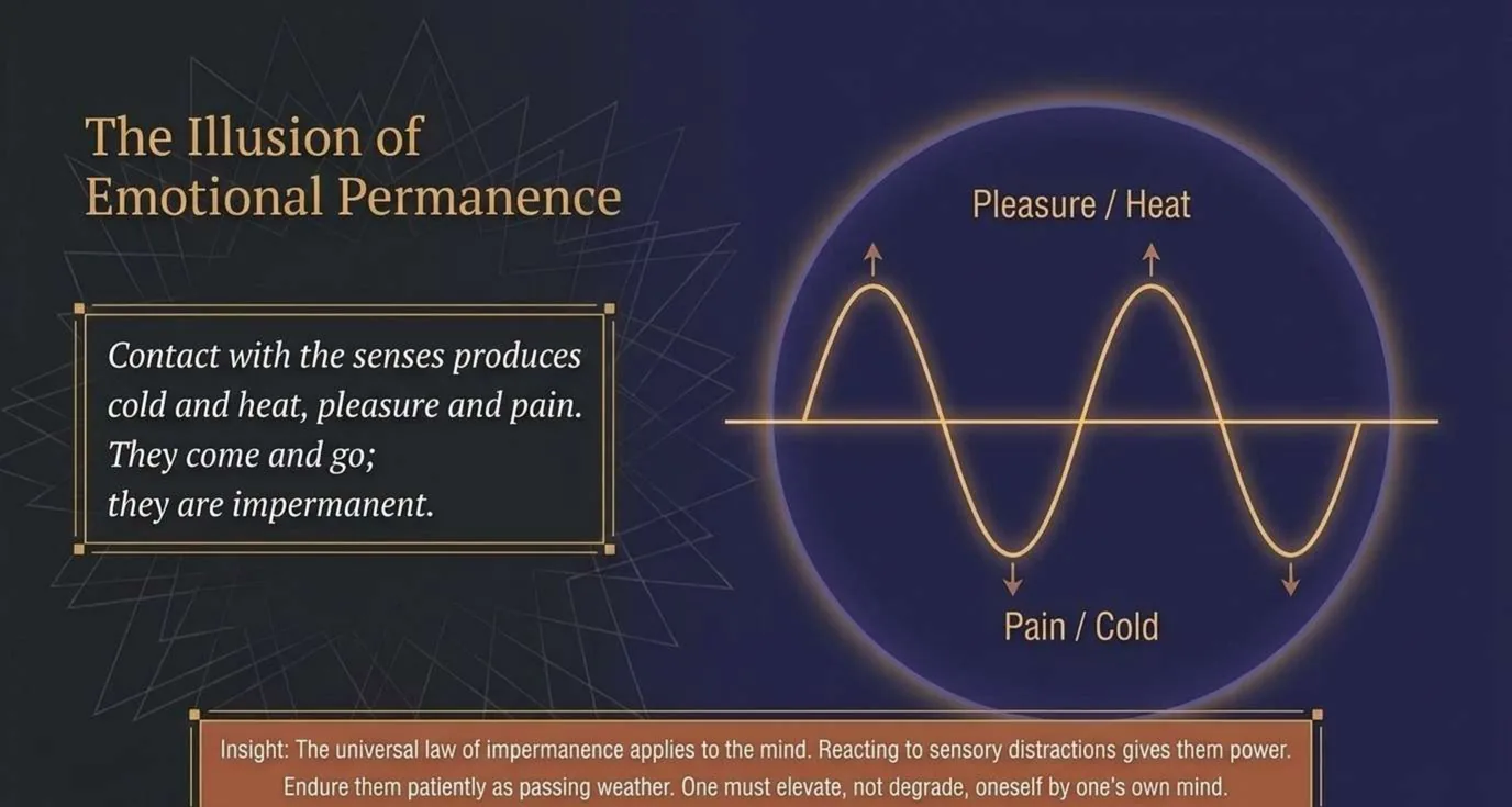 A slide titled The Illusion of Emotional Permanence. A sine wave inside a glowing circle swings between Pleasure / Heat above the centre line and Pain / Cold below it. Left box: contact with the senses produces cold and heat, pleasure and pain; they come and go; they are impermanent. Bottom insight: the law of impermanence applies to the mind, reacting to sensory distractions gives them power, endure them patiently as passing weather, and elevate, not degrade, oneself by one's own mind.