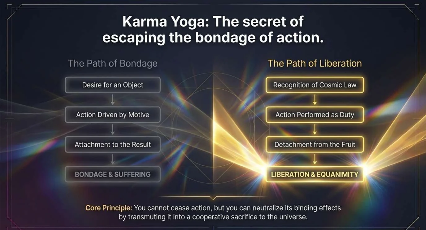 A slide titled Karma Yoga: the secret of escaping the bondage of action. The Path of Bondage: desire for an object, action driven by motive, attachment to the result, bondage and suffering. The Path of Liberation: recognition of cosmic law, action performed as duty, detachment from the fruit, liberation and equanimity. Core principle: you cannot cease action, but you can neutralize its binding effects by turning it into a cooperative sacrifice to the universe.