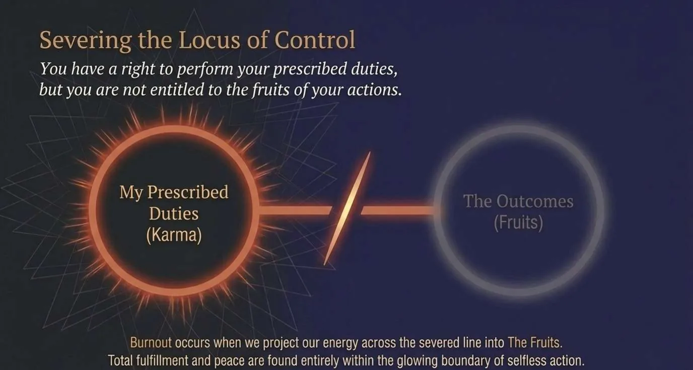 A diagram titled Severing the Locus of Control. A glowing orange circle labelled My Prescribed Duties (Karma) is joined by a bar, cut by a bright slash, to a faded grey circle labelled The Outcomes (Fruits). Above, the line: you have a right to perform your prescribed duties, but you are not entitled to the fruits of your actions. Below: burnout occurs when we project our energy across the severed line into the fruits, and fulfilment and peace are found within the glowing boundary of selfless action.