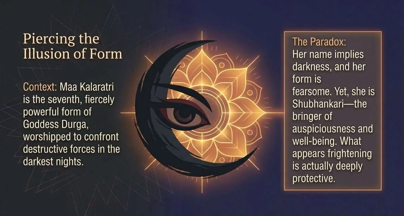 A slide titled Piercing the Illusion of Form. A dark crescent with a watchful eye sits in front of a glowing gold lotus. Left text: Maa Kalaratri is the seventh, fiercely powerful form of Goddess Durga, worshipped to confront destructive forces in the darkest nights. Right text, The Paradox: her name implies darkness and her form is fearsome, yet she is Shubhankari, the bringer of auspiciousness and well-being; what appears frightening is deeply protective.