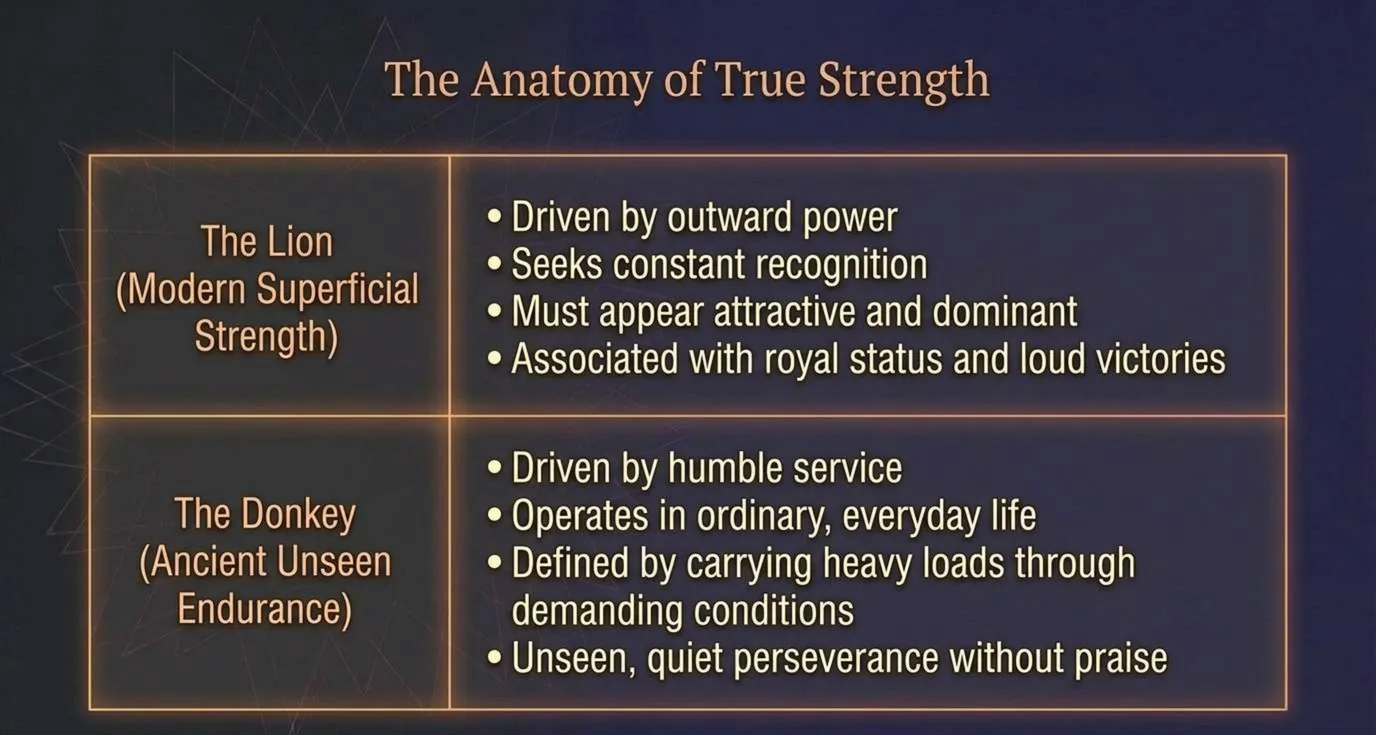 A two-row table titled The Anatomy of True Strength. The Lion, modern superficial strength: driven by outward power, seeks constant recognition, must appear attractive and dominant, associated with royal status and loud victories. The Donkey, ancient unseen endurance: driven by humble service, operates in ordinary everyday life, defined by carrying heavy loads through demanding conditions, unseen quiet perseverance without praise.