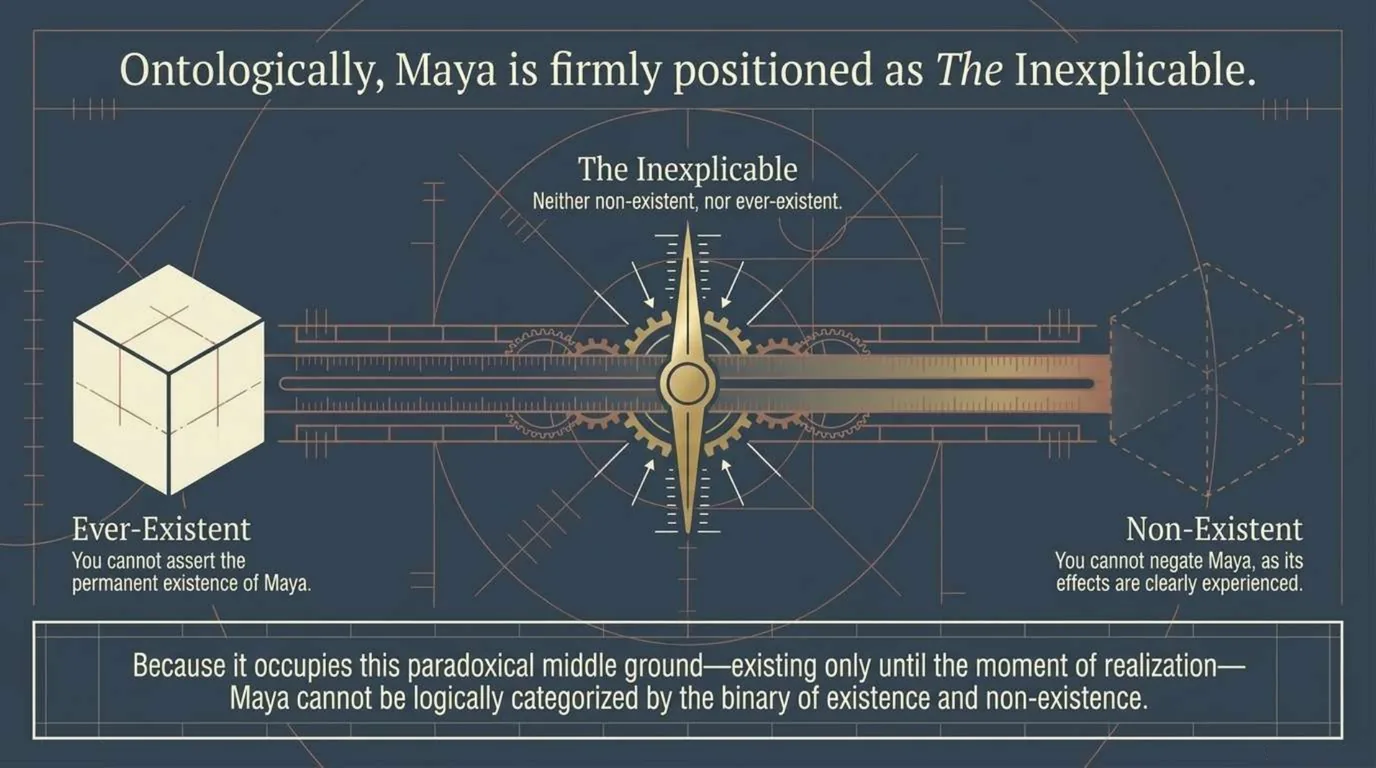 Blueprint slide with an ever-existent solid cube on the left, a dashed non-existent cube on the right, and a compass needle between them labelled The Inexplicable