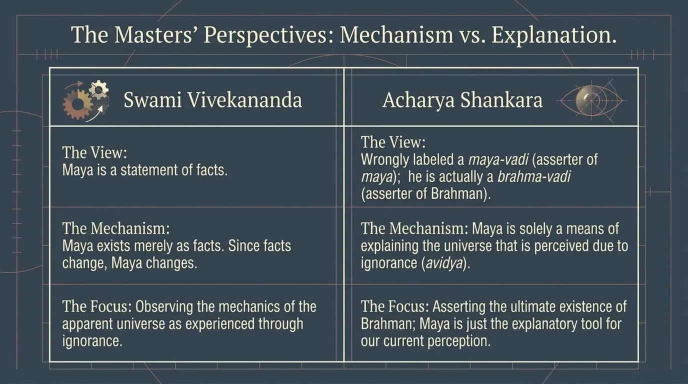 Table comparing Swami Vivekananda, who calls Maya a statement of facts, with Acharya Shankara, described as an asserter of Brahman rather than of Maya