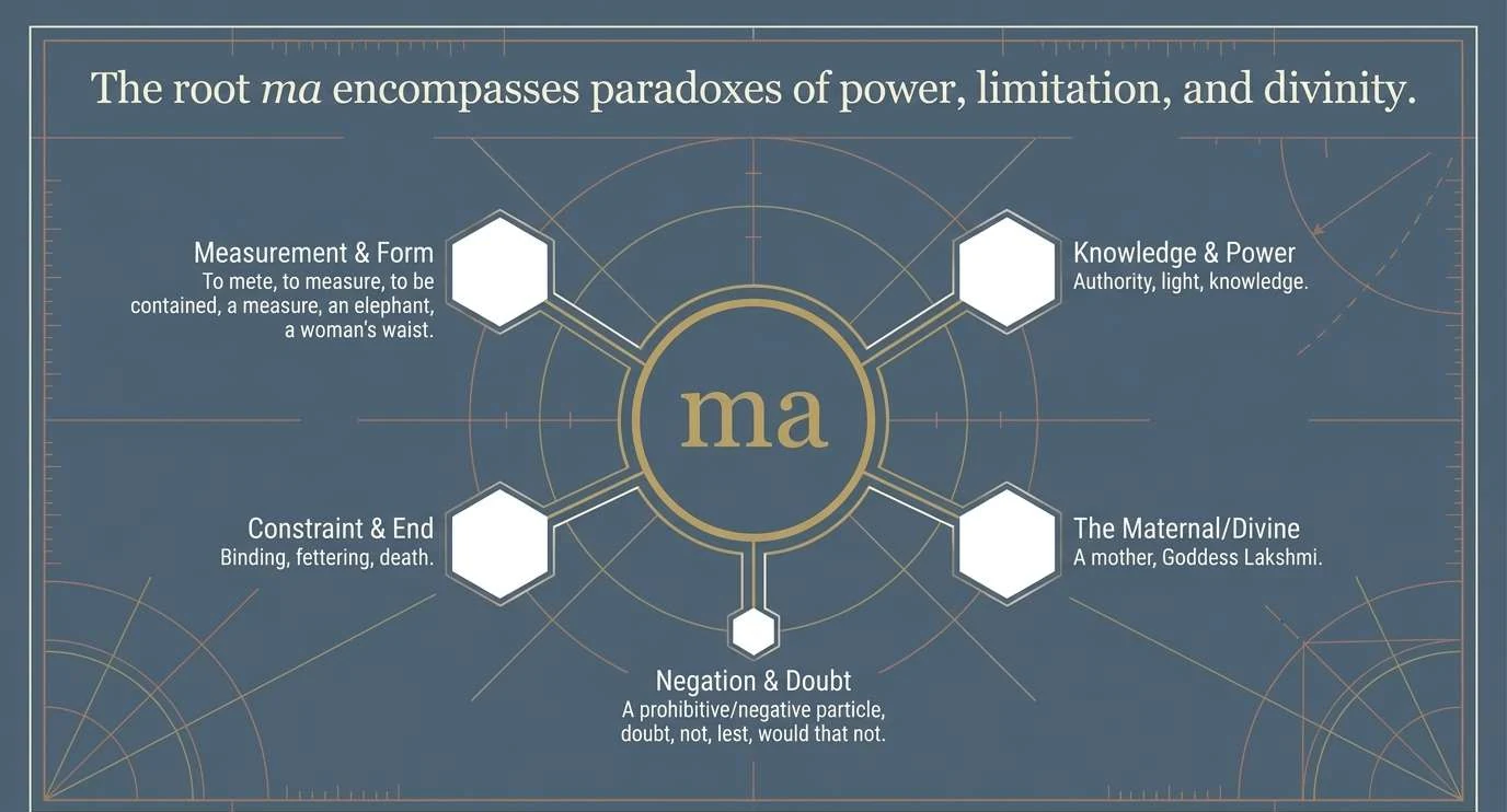 A blueprint-style hub with the root ma at the centre and five branches: measurement and form, meaning to mete, to measure and to be contained; knowledge and power, meaning authority, light and knowledge; constraint and end, meaning binding, fettering and death; the maternal and divine, meaning a mother or the goddess Lakshmi; and negation and doubt, a prohibitive particle meaning not, lest or would that not.