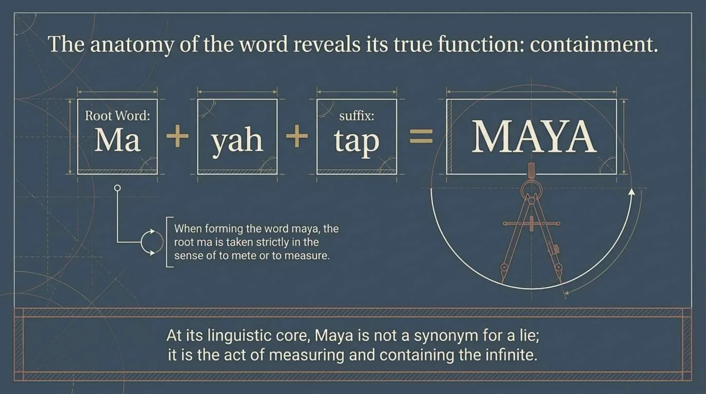 Blueprint slide showing the root ma, to measure, forming the word Maya, with a drafting compass