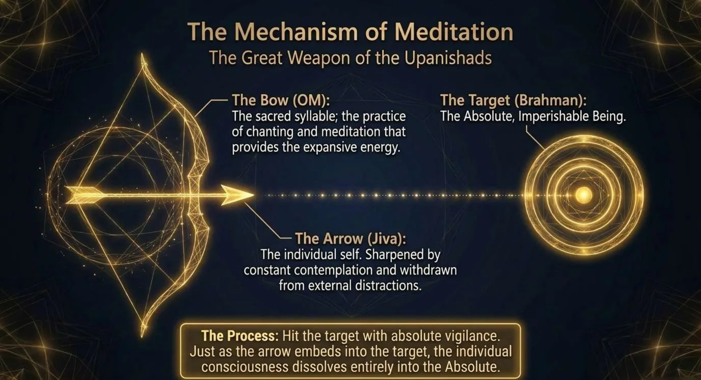 A slide titled The Mechanism of Meditation, the great weapon of the Upanishads: a glowing golden bow with an arrow drawn toward a ringed target. The bow is labelled Om, the practice of chanting and meditation; the arrow is the individual self, sharpened by contemplation and withdrawn from distraction; the target is Brahman. A note says that as the arrow embeds in the target, individual consciousness dissolves into the Absolute.