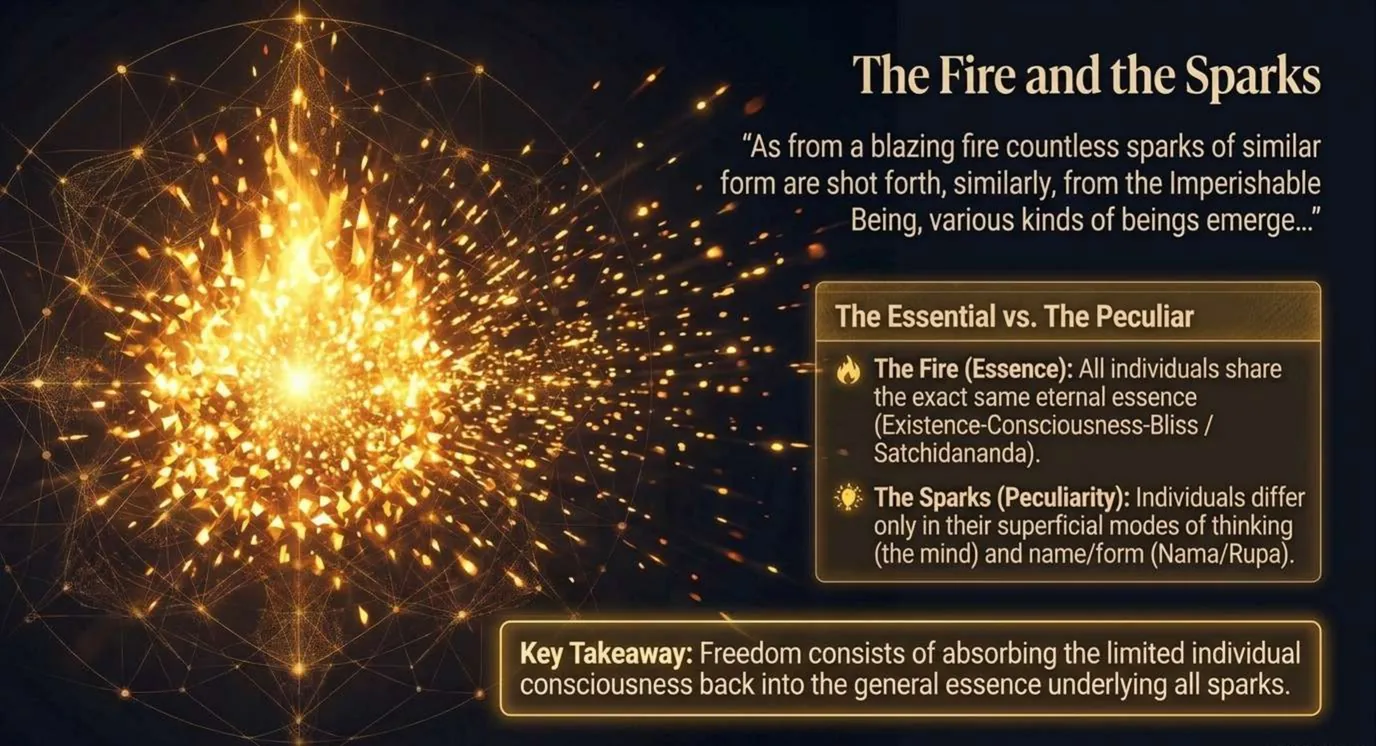 A slide titled The Fire and the Sparks: a blazing gold fire throwing off thousands of sparks to the right. A box contrasts the fire, the essence all individuals share, with the sparks, which differ only in the way the mind moves and in name and form. A note says freedom is absorbing the limited individual consciousness back into the essence underlying all sparks.