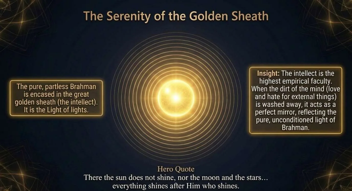 A slide titled The Serenity of the Golden Sheath: a glowing golden sphere ringed by concentric circles. One note says the pure, partless Brahman is encased in the great golden sheath, the intellect, and is the light of lights. Another says that when the dirt of the mind, love and hate for external things, is washed away, the intellect acts as a perfect mirror. A line at the bottom says the sun, moon and stars do not shine there; everything shines after it.