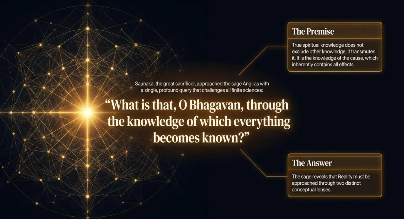 A slide with a glowing web of gold lines radiating from a centre point. At the centre, the question: What is that, O Bhagavan, through the knowledge of which everything becomes known? Two side notes: the premise, that spiritual knowledge does not exclude other knowledge but transmutes it, and the answer, that Reality is approached through two lenses.