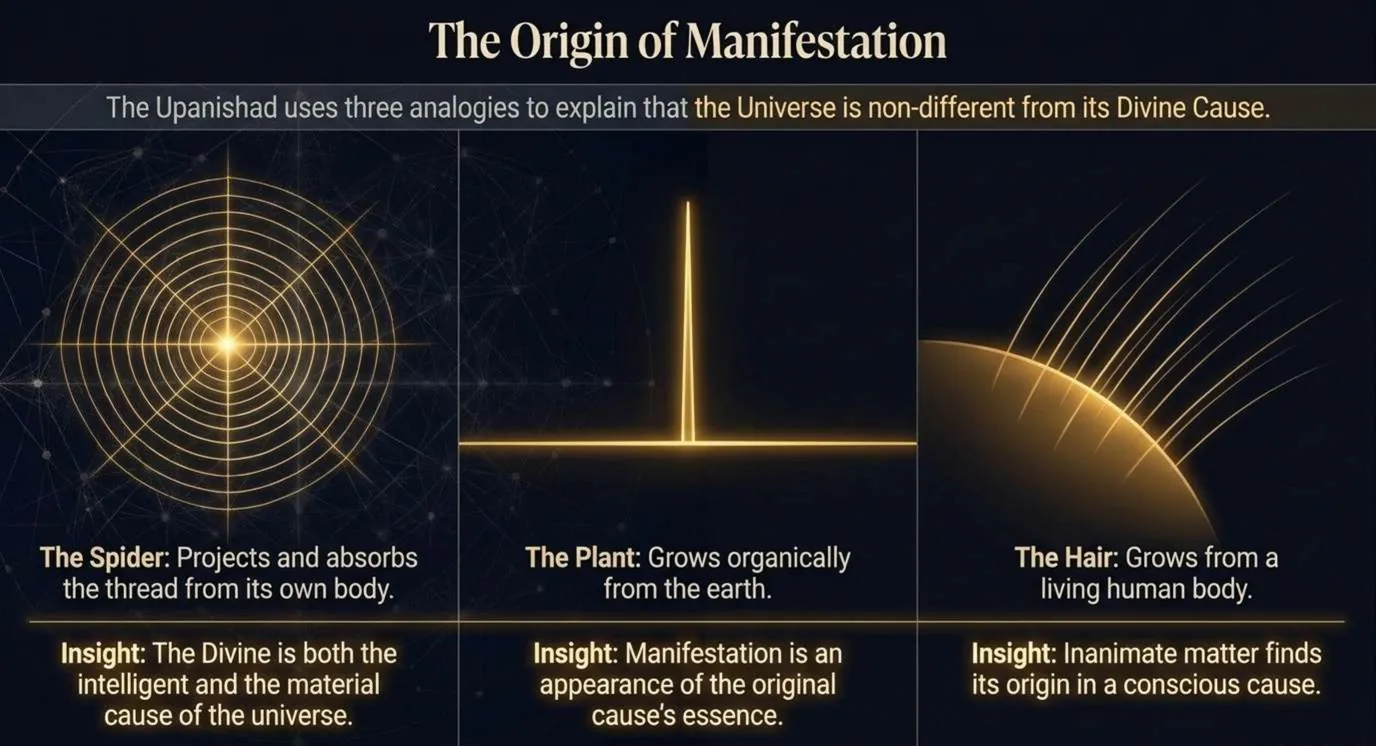 A three-panel slide titled The Origin of Manifestation. A golden spider web radiating from a central point, labelled the spider, which projects and absorbs the thread from its own body. A single thin shoot rising from a horizontal line, labelled the plant, which grows from the earth. Fine strands curving out from a glowing arc, labelled the hair, which grows from a living body.