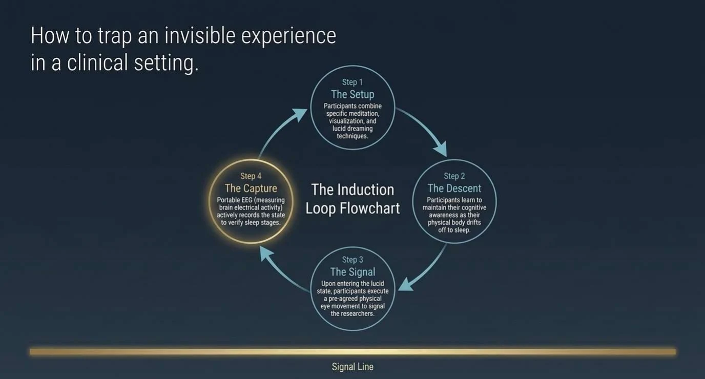 Slide titled How to trap an invisible experience in a clinical setting. A four-step loop: The Setup (meditation, visualization and lucid dreaming techniques), The Descent (staying aware while falling asleep), The Signal (a pre-agreed eye movement), and The Capture (portable EEG to verify sleep stages).