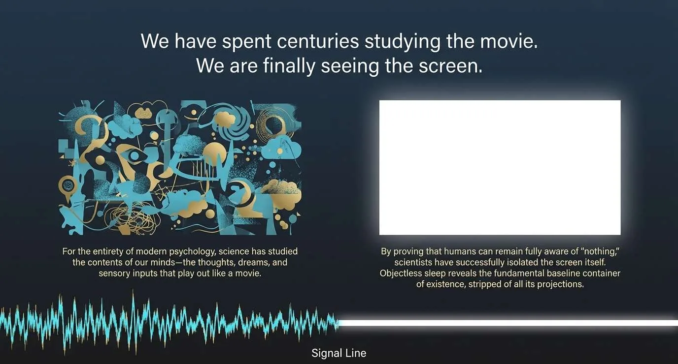 Slide titled We have spent centuries studying the movie. We are finally seeing the screen. Left: a colourful tangle of thoughts, dreams and sensory images in blue and gold. Right: a blank glowing white screen. Below, a busy signal line flattens into a single bright line.