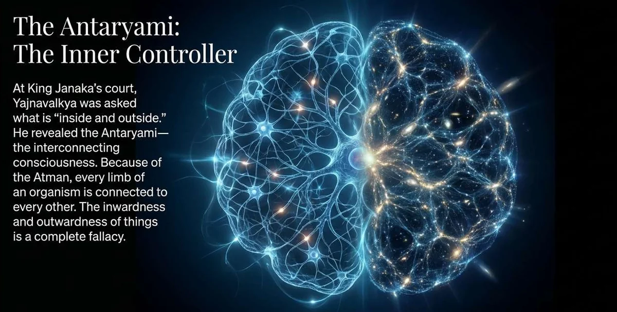 A brain split down the middle: the left half is a web of glowing neurons, the right half a web of galaxies, joined at one bright point of light