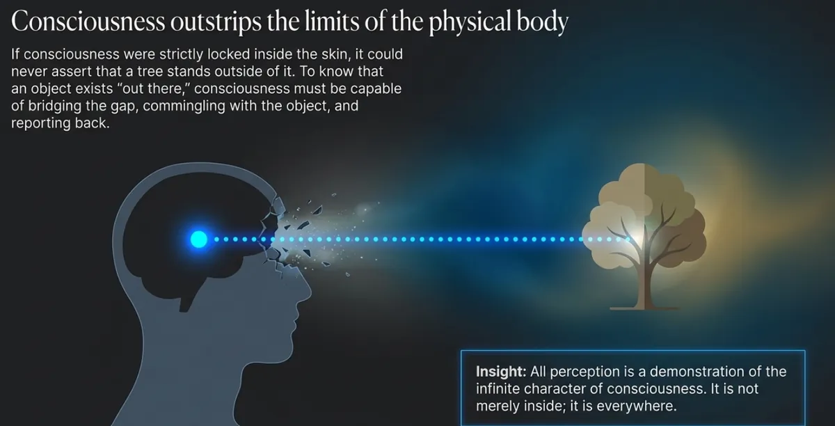 Illustration: a glowing point inside a human head sends a dotted line of light through the cracking skull to a tree standing far outside the body