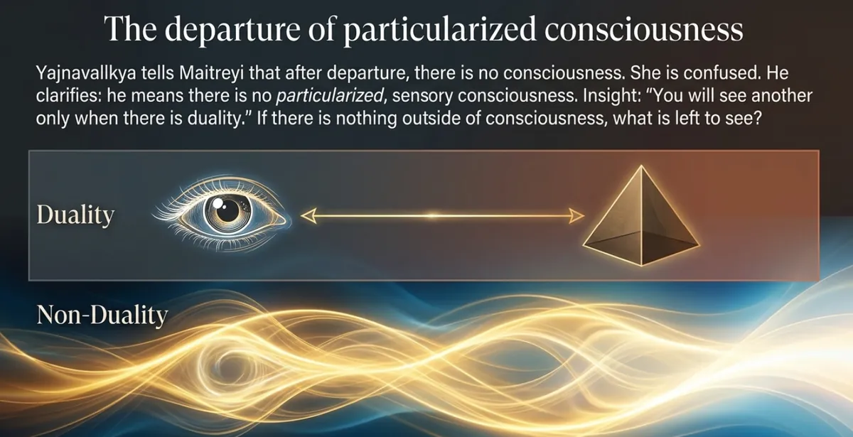Two bands: a boxed band showing an eye and a pyramid joined by a double-headed arrow, and below it an unboxed band of one continuous wave of golden and blue light