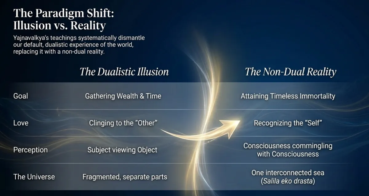 Two columns, the dualistic illusion and the non-dual reality, with a golden arrow crossing between them over four rows