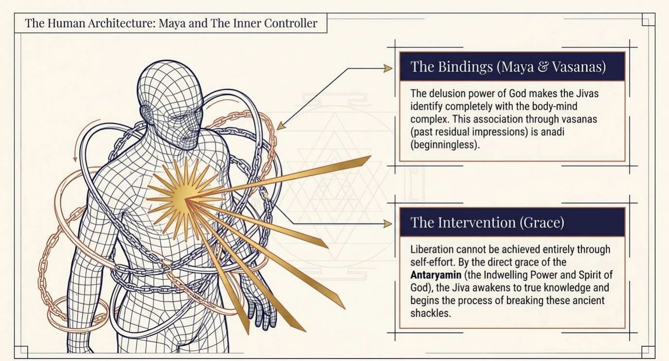 A slide titled The Human Architecture: Maya and the Inner Controller. A wireframe human figure is wound in chains. A golden star at the heart sends rays outward. Panel one, The Bindings: the delusion power of God makes the jivas identify with the body-mind through beginningless vasanas. Panel two, The Intervention: liberation cannot be achieved entirely through self-effort; by the grace of the Antaryamin the jiva awakens to true knowledge.