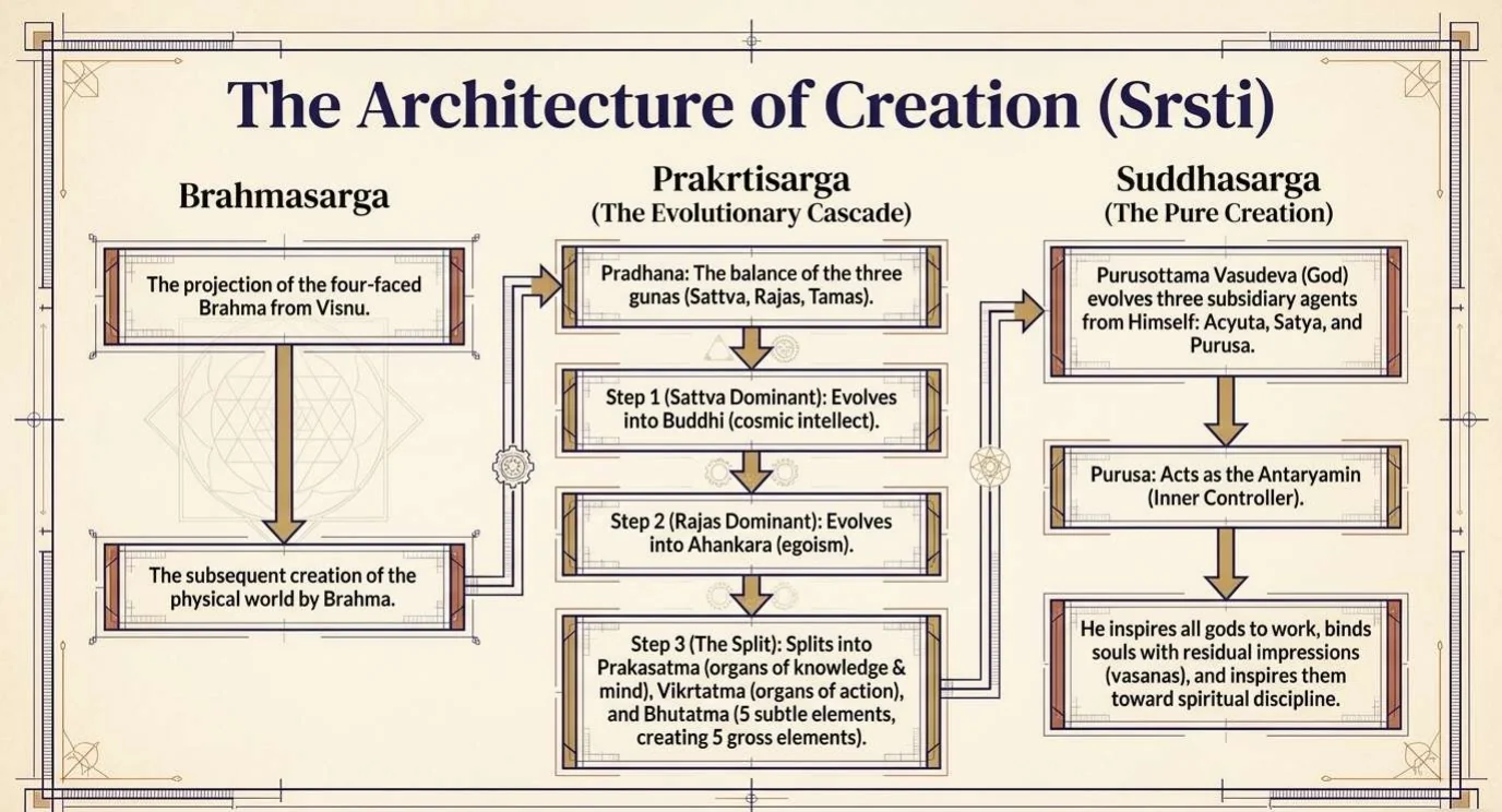 A slide titled The Architecture of Creation (Srsti) in three columns. Brahmasarga: the projection of the four-faced Brahma, who then creates the physical world. Prakrtisarga, the evolutionary cascade: Pradhana, the balance of the three gunas, evolves into Buddhi, then Ahamkara, then splits into Prakasatma, Vikrtatma and Bhutatma. Suddhasarga, the pure creation: Purusottama Vasudeva evolves Acyuta, Satya and Purusa.