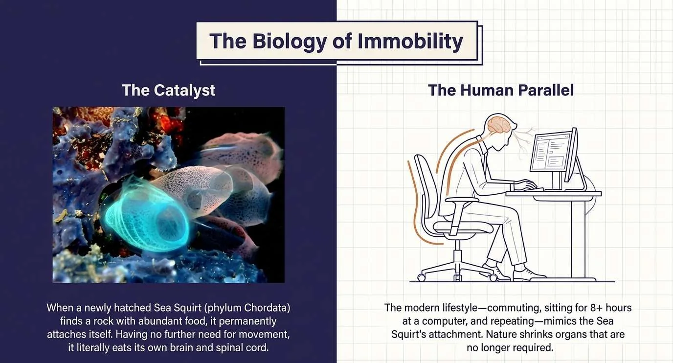 Two panels titled The Biology of Immobility. Left, The Catalyst: a glowing sea squirt attached to a rock, with text saying that a newly hatched sea squirt finds a rock with abundant food, attaches permanently, and, having no further need for movement, eats its own brain and spinal cord. Right, The Human Parallel: a line drawing of a person hunched at a computer desk, with text saying that commuting and sitting for eight or more hours a day mimics the sea squirt, and that nature shrinks organs no longer required.