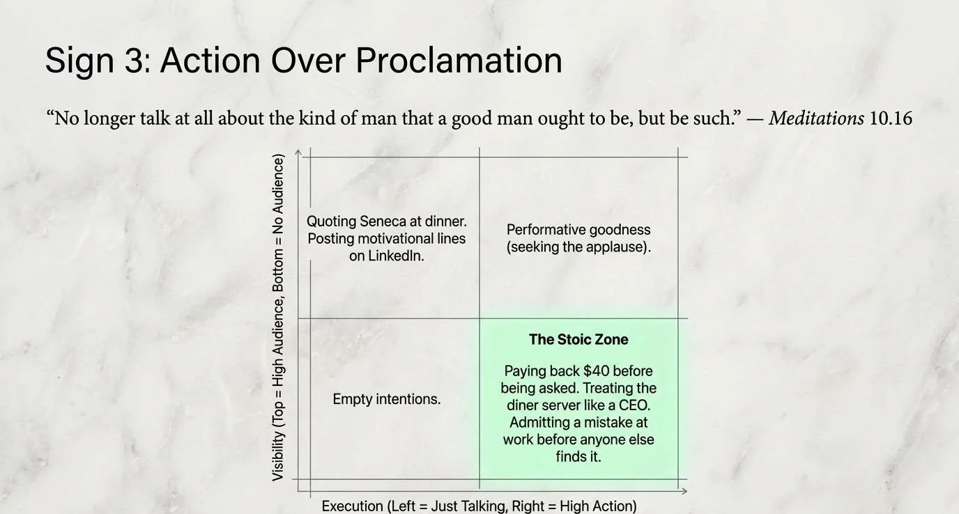 A two-by-two grid. The vertical axis runs from no audience (bottom) to high audience (top); the horizontal axis runs from just talking (left) to high action (right). Top left: quoting Seneca at dinner, posting motivational lines. Top right: performative goodness, seeking the applause. Bottom left: empty intentions. Bottom right, highlighted: paying back $40 before being asked, treating the diner server like a CEO, admitting a mistake before anyone else finds it.